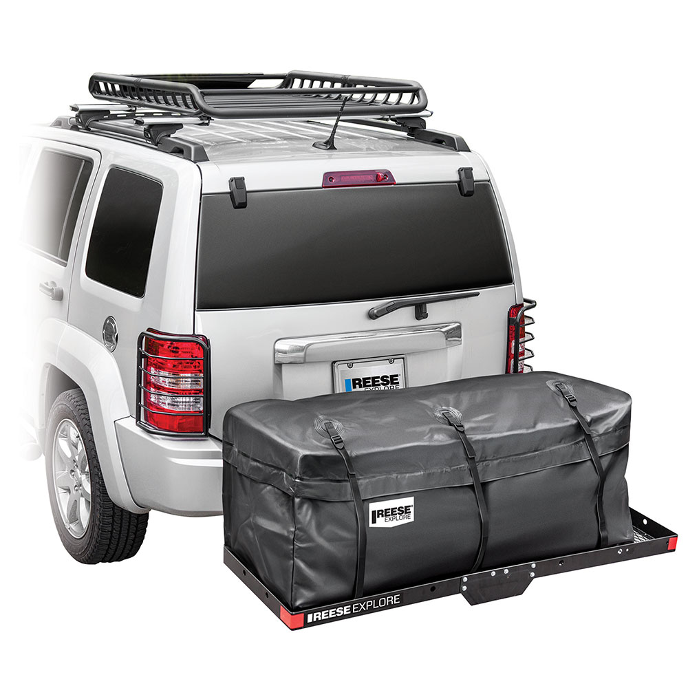 1043000 Reese Explore Trailer Hitch Mount Cargo Carrier Basket Bag 54 inch x 21 inch x 20 inch Reese 13 cubic Ft. Roof Top Cargo Bag For Basket Carrier Rainproof W/ Tie Down Straps Rack Luggage Folds Flat 54" x 21" x 20" Van Car SUV Camping Box