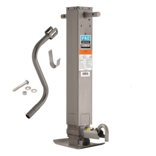 140094 Pro Series Square Trailer Jack Side Mount 12000 lbs. Support Capacity Side Wind Weld-On 12-1/2 inch Travel Pro Series 12,000 lbs. Square Trailer Jack 26" Lift Drop Leg Spring Return Pin on Side w/ Crank
