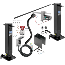 Pro Series 24K Electric Landing Gear Set Dual Single Speed Trailer Jacks Non Spring Return Drop Legs Front Plunger Pins w/ Manual Override Crank, Bulldog Electric Motor Powered-Drive Kit, Cross Shaft Tube w/ Slotted Ends and Hardware