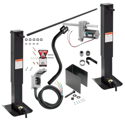 Pro Series 24K Electric Landing Gear Set Dual Single Speed Trailer Jacks Non Spring Return Drop Legs Side Plunger Pins w/ 2 Manual Override Cranks, Bulldog Electric Motor Powered-Drive Kit, Cross Shaft Tube w/ Slotted Ends and Hardware