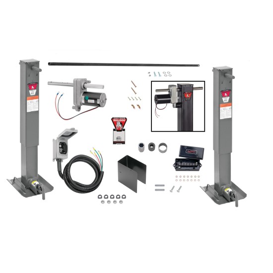 Bulldog 2x 12K Jacks Dual Landing Gear & Electric Motor Kit w/ Cross Shaft Pipe Combo Drop Leg w/ Non Spring Return Powered Drive- 26" Lift w/ Pin on Side