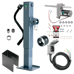 Bulldog Single Speed 12K Trailer Jack Fixed Leg Tubular Swivel Mount w/ Manual Override Crank, Mating Female Tube Mount, Bulldog Electric Motor Powered-Drive Kit Bulldog Single Speed 12K Trailer Jack Fixed Leg Tubular Swivel Mount w/ Manual Override Crank, Mating Female Tube Mount, Bulldog Electric Motor Powered-Drive Kit