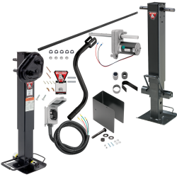 Bulldog 50K 2 Speed Electric Landing Gear Set Two Speed Twin Cam Trailer Jack Traditional Gearbox and Companion Jack Non Spring Return Drop Legs, Bulldog Electric Motor Powered-Drive Kit, Cross Shaft Tube w/ Slotted Ends and Hardware, Manual Override Cran