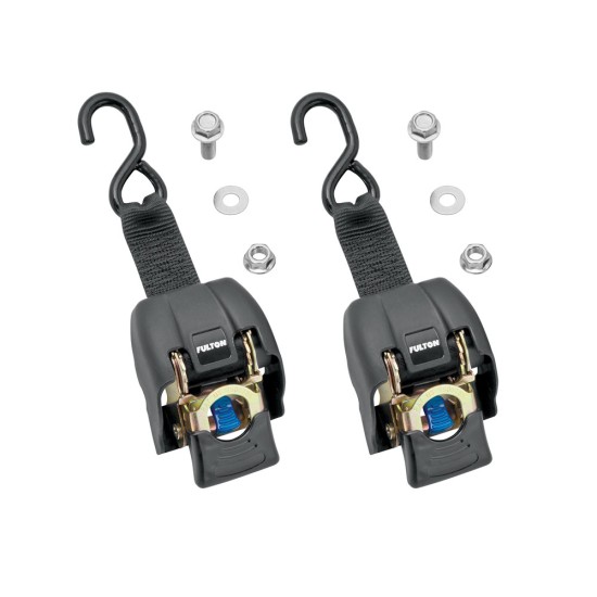2060366 Fulton Retractable Transom Boat Tiedown Zinc (2 pack) 2-Pack Fulton Transom Retractable Ratchet Tie Down Straps 2 Inch x 43 Inch Zinc 833 lbs Load 2,500 lbs Break Strength Trailer Boat