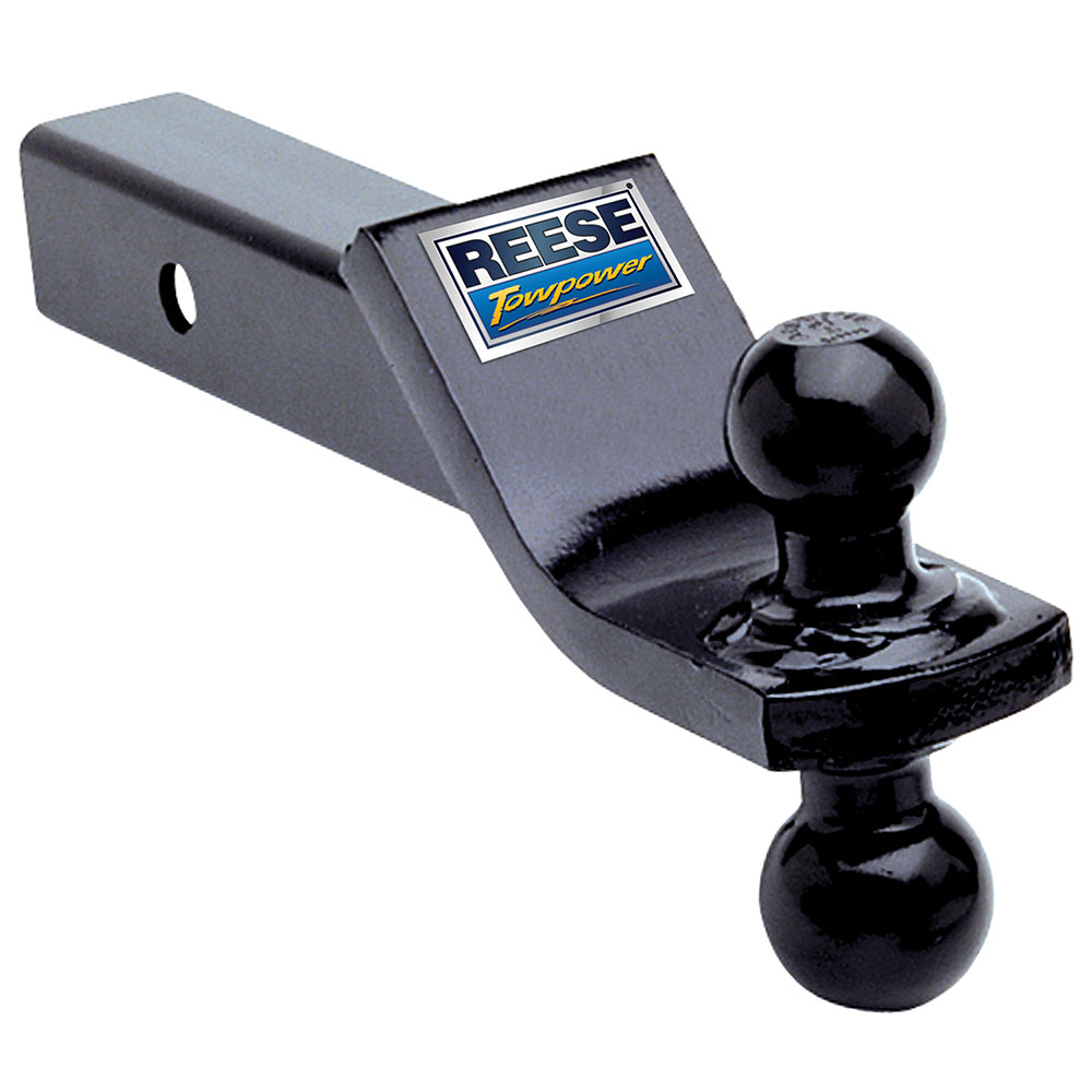 21511 Reese Towpower Dual-Ball Trailer Hitch Ball Mount 6000 lbs. Capacity Fits 2 inch Receiver Black Reese Dual Ball Trailer Hitch Ball Mount Fits 2" Tow Receiver 1-7/8" Ball has 2" Drop has 3/4" Rise 10" Long