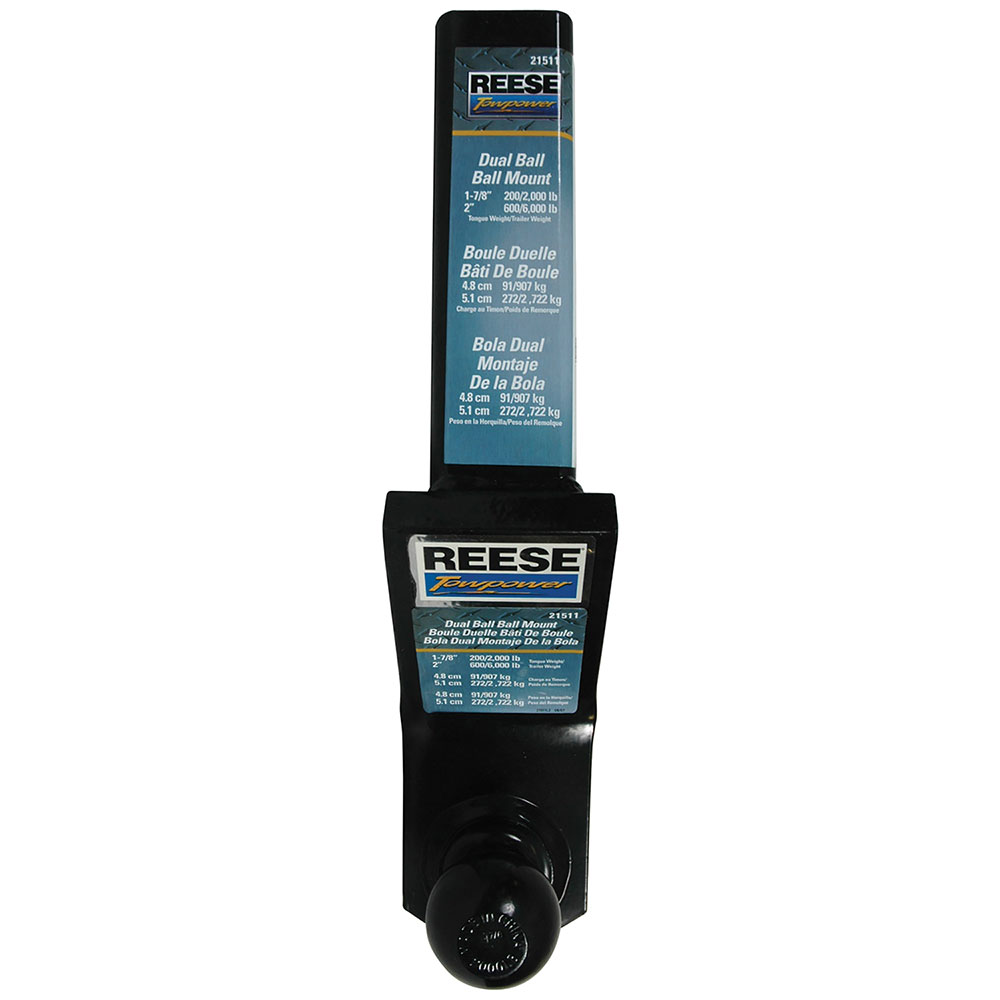 21511 Reese Towpower Dual-Ball Trailer Hitch Ball Mount 6000 lbs. Capacity Fits 2 inch Receiver Black Reese Dual Ball Trailer Hitch Ball Mount Fits 2" Tow Receiver 1-7/8" Ball has 2" Drop has 3/4" Rise 10" Long