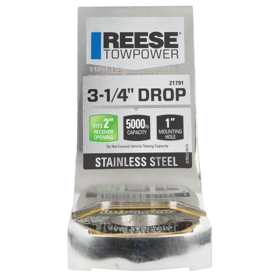 21791 Reese Towpower Trailer Hitch Ball Mount 6000 lbs. Capacity Fits 2 inch Receiver 3-1/4 inch Drop Stainless Steel Reese 6,000 lbs Stainless Steel Ball Mount Fits 2" Receiver 3-1/4" Drop 2" Rise 9-1/2" Long 1" Ball Hole w/InterLock