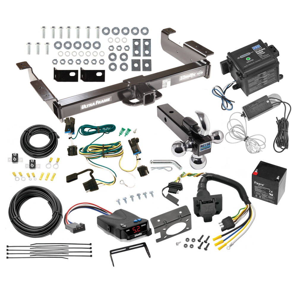 Custom Fit Trailer Hitch Class 5 Tri-Ball Trailer Hitch Ball Mount w/ Pin/Clip Wiring Harness (Plug & Play) 4-Way to 7-Way adapter w/ mounting bracket and screws Proportional Brake Control For 1-4 Axles Wiring Kit for 4 to 8 Brake Control Systems 25 f Class 5 2" Receiver Hitch For 03-24 Chevy Express GMC Savana Van w/ Draw-Tite Trailer Brake Control 7-Way RV Wiring Breakaway Battery Charger Complete System Tri-Tow-Ball 1-7/8" 2" 2-5/16"