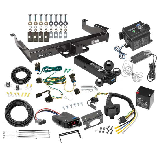 Custom Fit Trailer Hitch Class 5 Tri-Ball Trailer Hitch Ball Mount w/ Pin/Clip Wiring Harness (Plug & Play) 4-Way to 7-Way adapter w/ mounting bracket and screws Proportional Brake Control For 1-4 Axles Wiring Kit for 4 to 8 Brake Control Systems 25 f Class 5 2-1/2" Receiver Hitch For 03-24 Chevy Express GMC Savana Van w/ Draw-Tite Trailer Brake Control 7-Way RV Wiring Breakaway Battery Charger Complete System Tri-Tow-Ball 1-7/8" 2" 2-5/16"