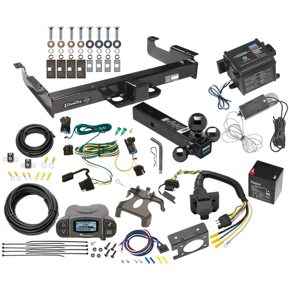 Custom Fit Trailer Hitch Class 5 Tri-Ball Trailer Hitch Ball Mount w/ Pin/Clip Wiring Harness (Plug & Play) 4-Way to 7-Way adapter w/ mounting bracket and screwsTekonsha Prodigy P3 Proportional Brake Control For 1-4 Axles Push-To-Test LED Electric Tra Class 5 2-1/2" Receiver Hitch For 03-24 Chevy Express GMC Savana Van w/ Tekonsha Prodigy P3 Trailer Brake Control 7-Way RV Wiring Breakaway Battery Charger Complete System Tri-Tow-Ball 1-7/8" 2" 2-5/16"