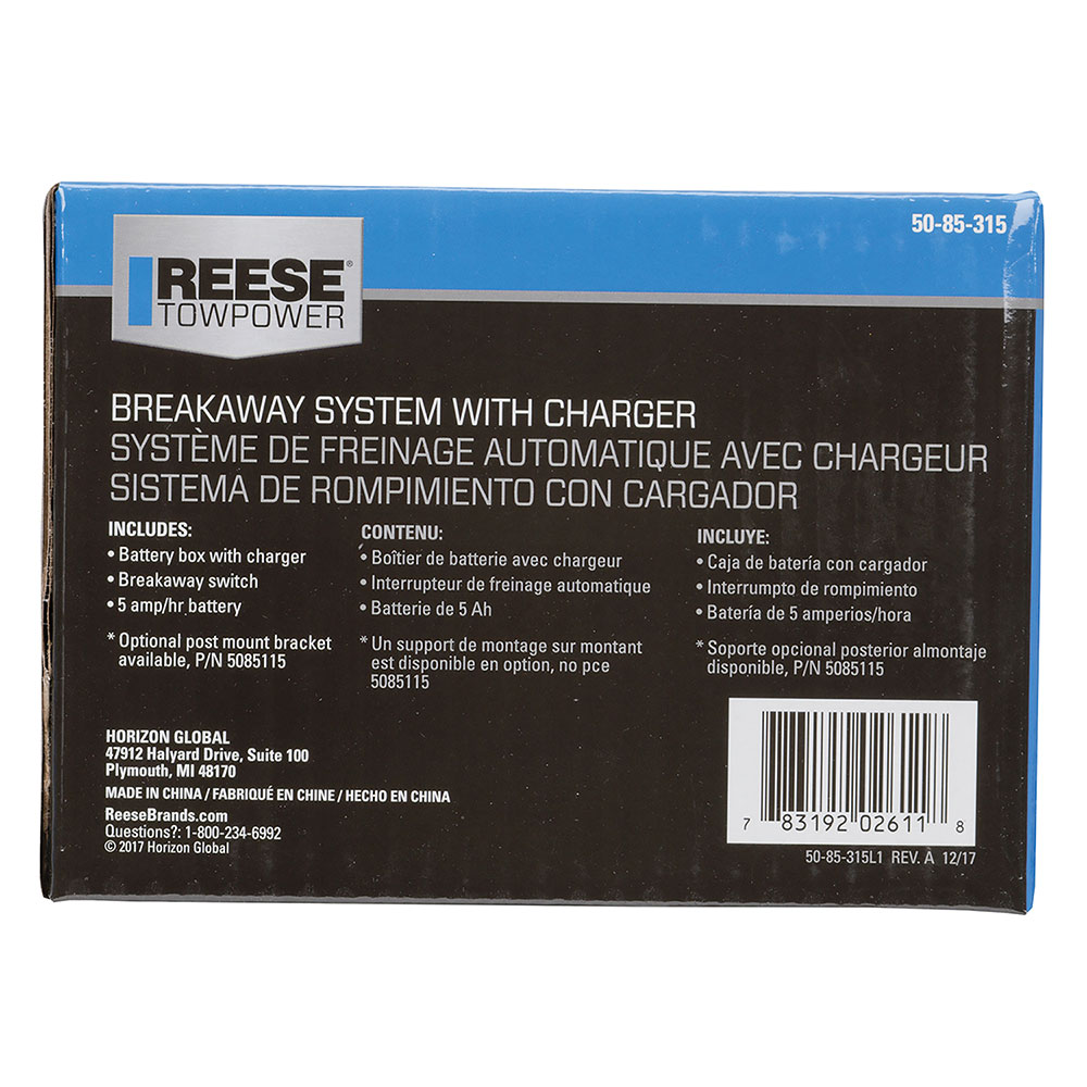 Reese Towpower Trailer Breakaway System, 1 to 3 Axle Trailers, Push to Test LED