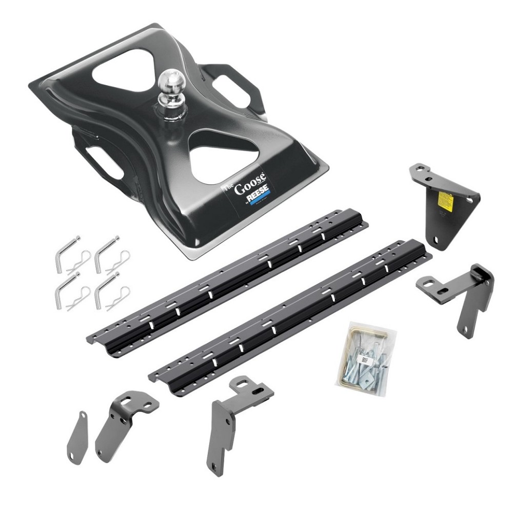 Reese Fifth Wheel Rail Kit Custom Quick Connect Brackets Reese Above-Bed Gooseneck Hitch 25K 2-5/16" Ball Installation Hardware Installation Instructions 50085-58 58079 Reese Reese Quick Install Rail Kit and 25K Gooseneck Hitch 13-18 RAM 3500 Custom Reese Quick Install Rail Kit and 25K Gooseneck Hitch For 13-18 RAM 3500 Custom Fit No Drill Base Rails For Gooseneck Trailer