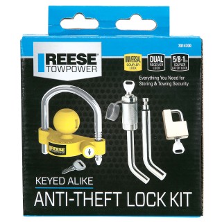 7014700 Reese Towpower Trailer Hitch and Coupler Lock Kit Fits 1-1/4 inch & 2 inch Receivers 1/2 inch & 5/8 inch Pin Diameter Universal Coupler Fit Keyed Alike Reese Trailer Hitch Tow and Store Lock Kit w/ Coupler Latch Pin, Coupler Lock and Bent Dual Lock for 2" and 1-1/4" Receivers
