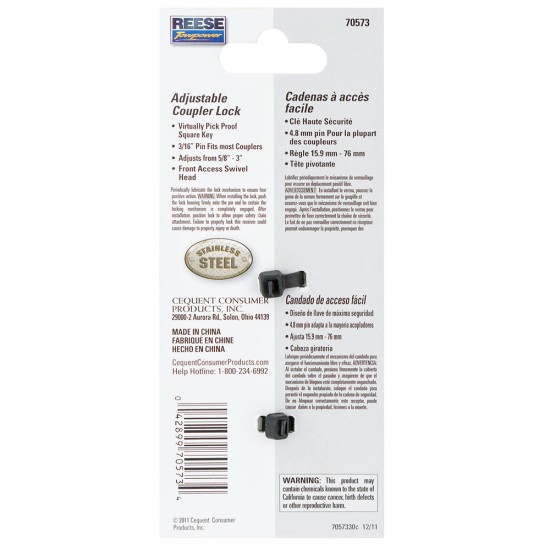 7057330 Reese Towpower Trailer Hitch Coupler Lock Adjustable Stainless Steel Reese Adjustable Trailer Tow Hitch Coupler Tongue Lock Fits Most Couplers w/ 2 Keys 3/16" Pin Diameter Easy Access Adjusts from 5/8" to 3" Packaged