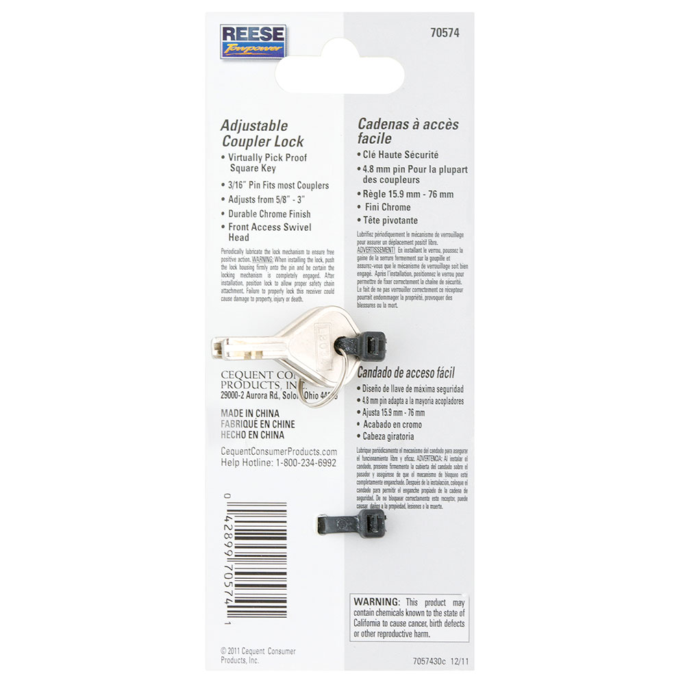 7057430 Reese Towpower Trailer Hitch Coupler Lock Adjustable 360 Degree Head Reese Adjustable Trailer Tow Hitch Coupler Tongue Lock Fits Most Couplers w/ 2 Keys 3/16" Pin Diameter Easy Access Adjusts from 5/8" to 3" Bulk