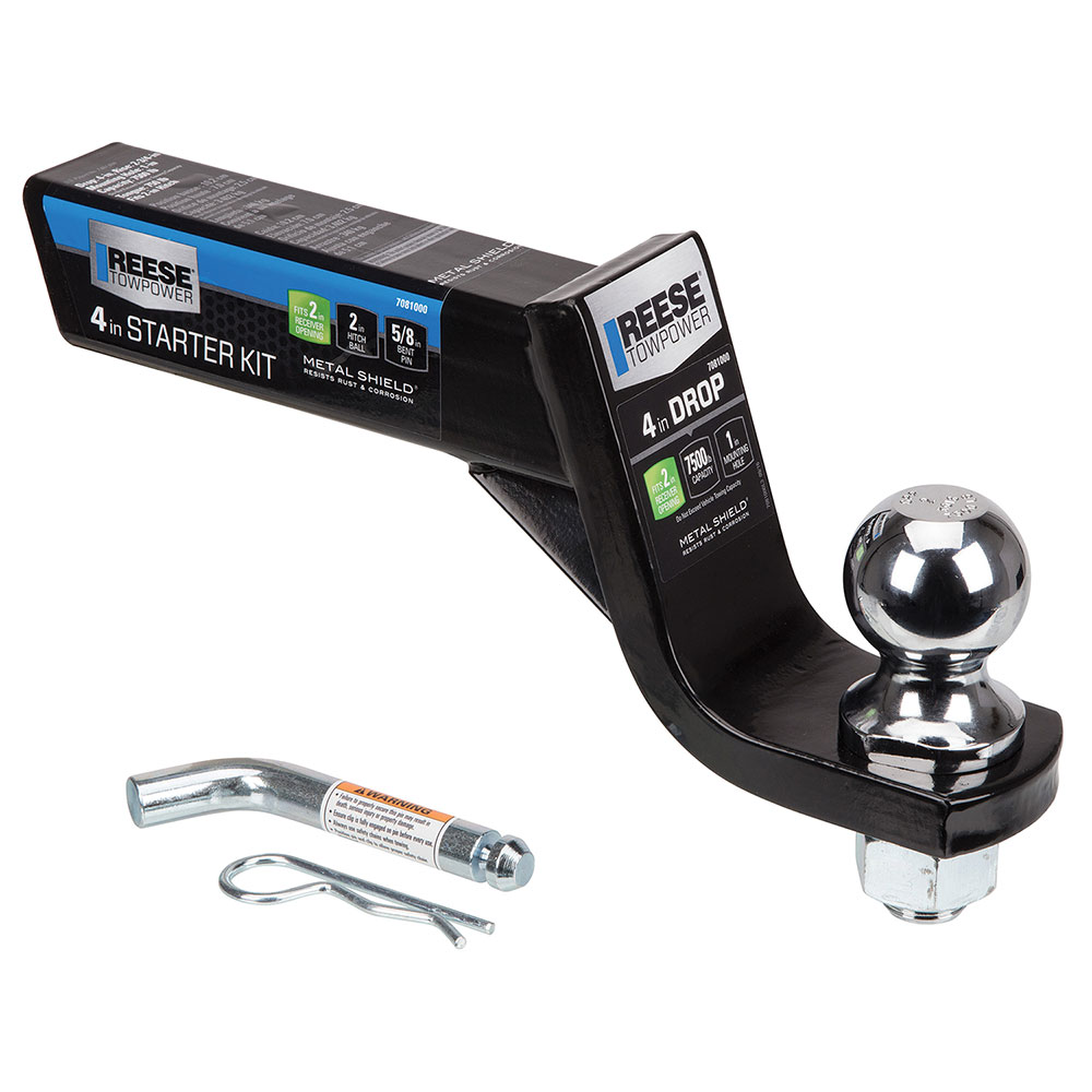 7081000 Reese Towpower Trailer Hitch Ball Mount Starter Kit 7500 lbs. Capacity Fits 2 inch Receiver 4 inch Drop Black Reese Interlock Class 3 Trailer Tow Starter Kit 4" Drop 2-3/4" Rise w/ 2 Inch Chrome Towing Ball 7,500 Lbs Fits 2" Hitch Opening