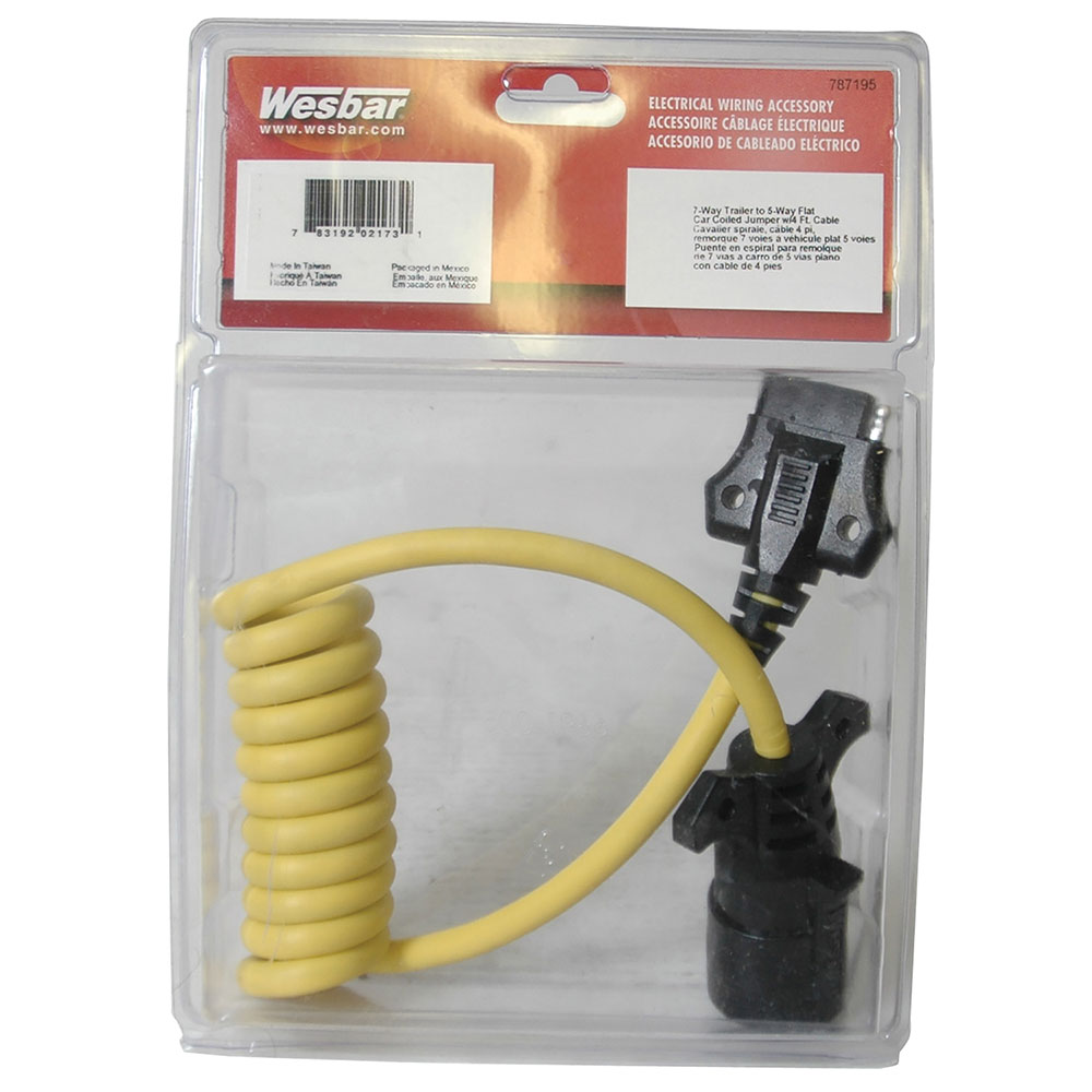 787195 Wesbar Trailer Wiring Adapter 7-Way Flat to 5-Way 4 ft. Coiled 7-Way RV Round Tow Plug Harness Flat Pin to 5-Flat 4 ft Coiled Adapter