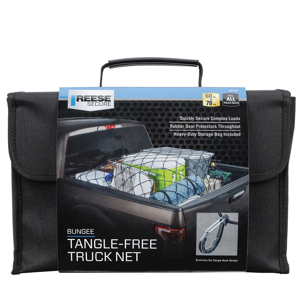 9427100 Reese Secure Deluxe Pickup Truck Bed Cargo Net Reese Bungee Stretch Truck Net 60" x 78" Multipurpose Cargo Luggage Etc. Hooks To Truck Anchor Points Anti Tangle Plastic Hooks Fits over 1" Bars