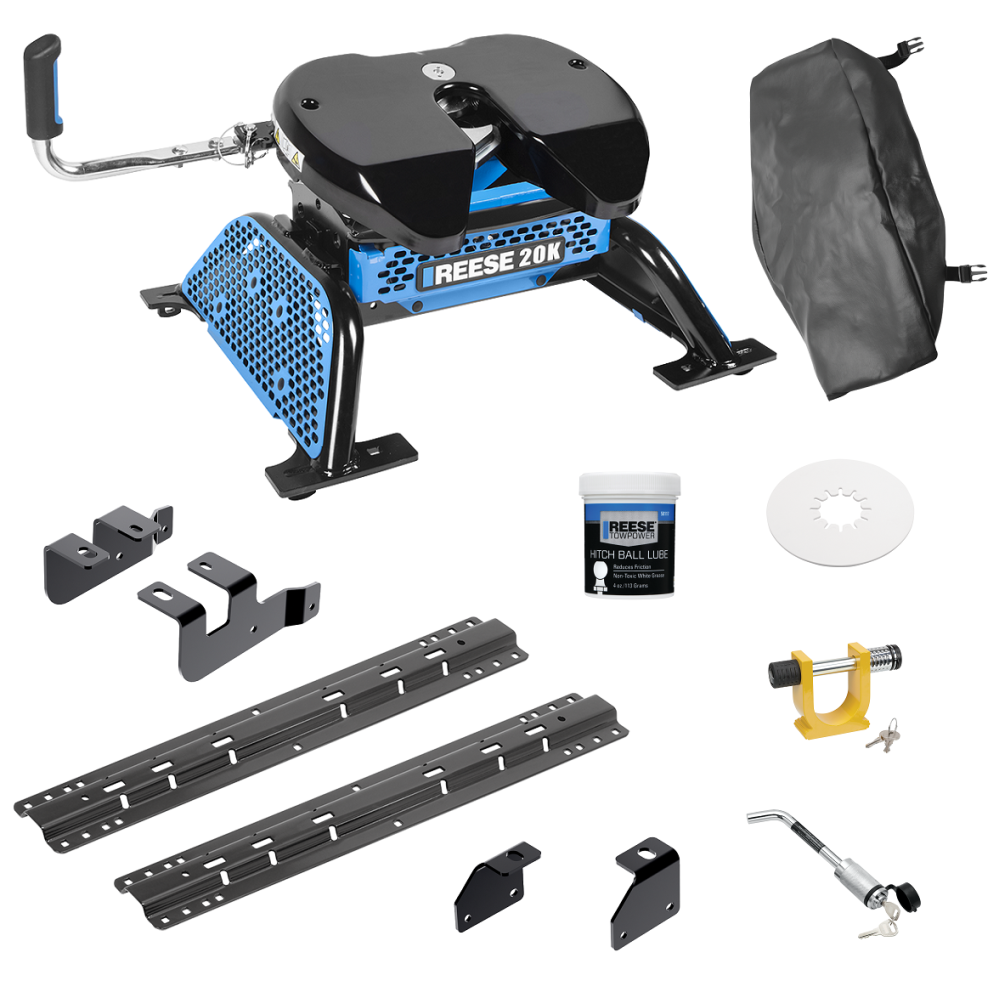 For 2014-2018 RAM 2500 Custom Industry Standard Above Bed Rail Kit + Reese M5 20K Fifth Wheel + King Pin Lock + Base Rail Lock + 10" Lube Plate + Fifth Wheel Cover + Lube (For 5'8 or Shorter Bed (Sidewinder Required), w/o Factory Puck System Models) For 2014-2018 RAM 2500 Custom Industry Standard Above Bed Rail Kit + Reese M5 20K Fifth Wheel + King Pin Lock + Base Rail Lock + 10" Lube Plate + Fifth Wheel Cover + Lube (For 5'8 or Shorter Bed (Sidewinder Required), w/o Factory Puck System Models)