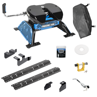 For 2014-2018 RAM 2500 Custom Industry Standard Above Bed Rail Kit + Reese M5 20K Fifth Wheel + King Pin Lock + Base Rail Lock + 10" Lube Plate + Fifth Wheel Cover + Lube (For 5'8 or Shorter Bed (Sidewinder Required), w/o Factory Puck System Models) For 2014-2018 RAM 2500 Custom Industry Standard Above Bed Rail Kit + Reese M5 20K Fifth Wheel + King Pin Lock + Base Rail Lock + 10" Lube Plate + Fifth Wheel Cover + Lube (For 5'8 or Shorter Bed (Sidewinder Required), w/o Factory Puck System Models)