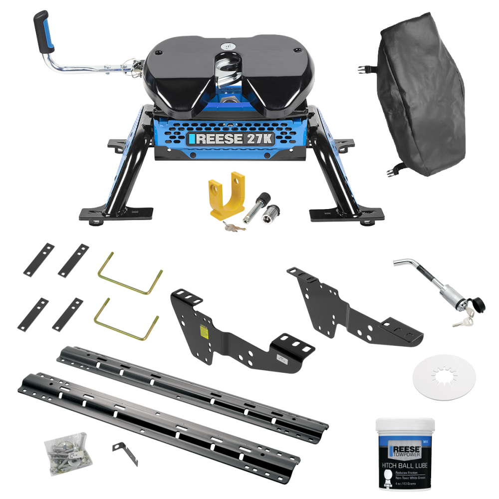 For 2001-2010 Chevrolet Silverado 2500 HD Custom Industry Standard Above Bed Rail Kit + Reese M5 27K Fifth Wheel + King Pin Lock + Base Rail Lock + 10" Lube Plate + Fifth Wheel Cover + Lube (For 5'8 or Shorter Bed (Sidewinder Required), w/o Factory P