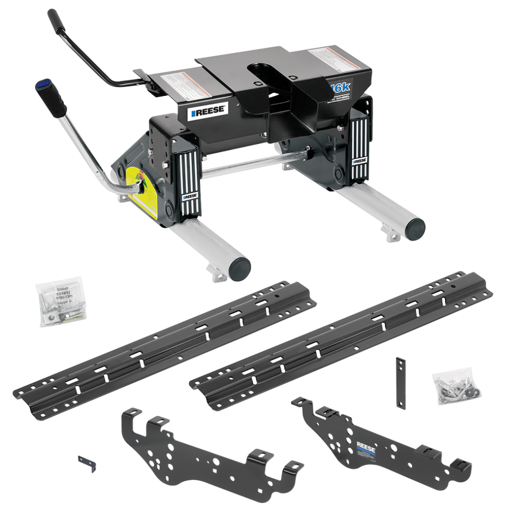 For 1999-2010 Ford F-250 Super Duty Custom Outboard Above Bed Rail Kit + 16K Fifth Wheel + Round Tube Slider (For 6-1/2' or Shorter Bed, Except Cab & Chassis, w/o Factory Puck System Models) By Reese