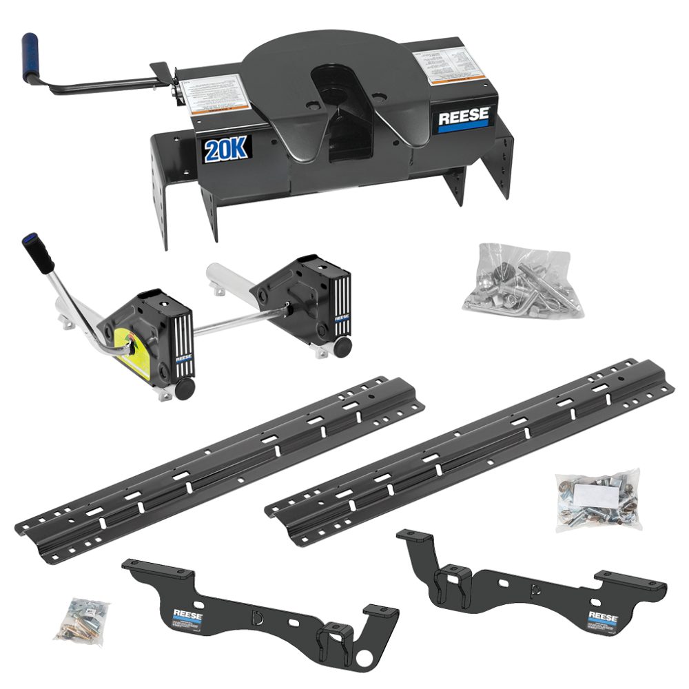 For 2023-2024 Ford F-550 Super Duty Custom Outboard Above Bed Rail Kit + 20K Fifth Wheel + Round Tube Slider (For 6-1/2' or Shorter Bed, Except Cab & Chassis, w/o Factory Puck System Models) By Reese For 2023-2024 Ford F-550 Super Duty Custom Outboard Above Bed Rail Kit + 20K Fifth Wheel + Round Tube Slider (For 6-1/2' or Shorter Bed, Except Cab & Chassis, w/o Factory Puck System Models) By Reese