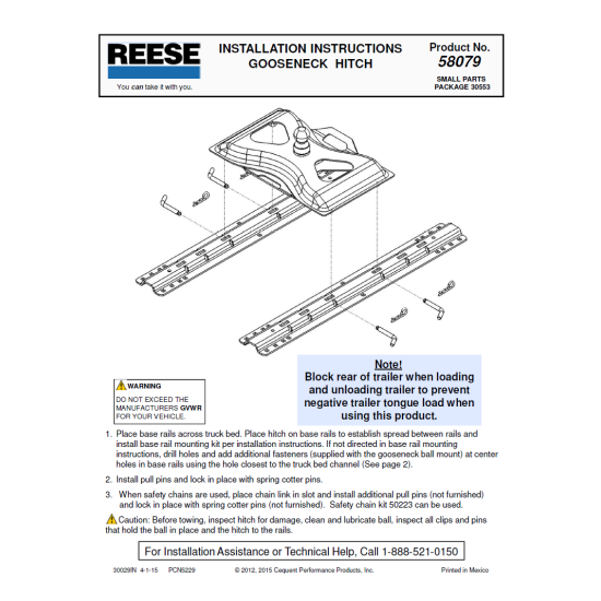 Reese The Goose 25,000 lb Gooseneck HitchBase Rail Kit Rail Brakets and Hardware 4 Pins and 4 Clips 58079 30035 Reese Reese 25K The Goose Gooseneck Trailer Hitch Rails 1975 - 2016 Ford F100 150 250 350 450 Base Rail Kit Brackets and Hardware Heavy Duty Reese 25K The Goose Gooseneck Trailer Hitch w/ Rails For 1975 - 2016 Ford F100 150 250 350 450 Base Rail Kit Brackets and Hardware Heavy Duty