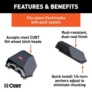 16017 - Puck System 5th Wheel Legs, Select Ford F-250, F-350, F-450, 8' Bed, 24K Curt Q24 5th wheel hitch compatible with Ford F250-F450, 24K capacity