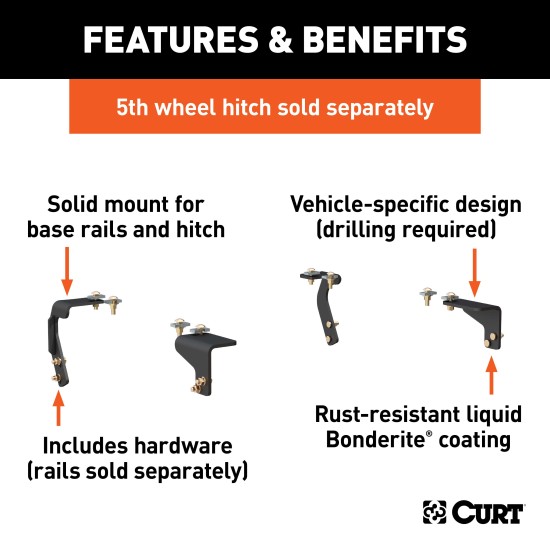 16306 - Semi-Custom 5th Wheel Brackets, Select Dodge, Ram 1500 Curt E16 Slide Bar Jaw 5th Wheel Hitch for Dodge Ram