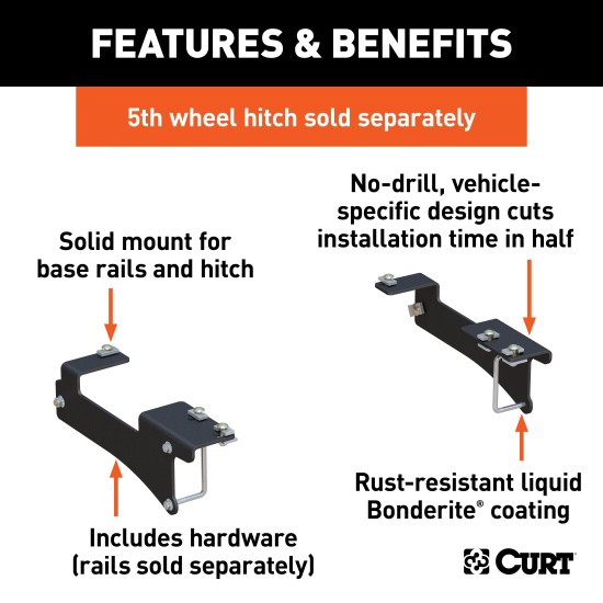 16429 - Custom 5th Wheel Brackets, Select Chevrolet Silverado, GMC Sierra 2500, 3500 HD Curt 40K Tiridium Base Rail Kit with Quick Connect Brackets
