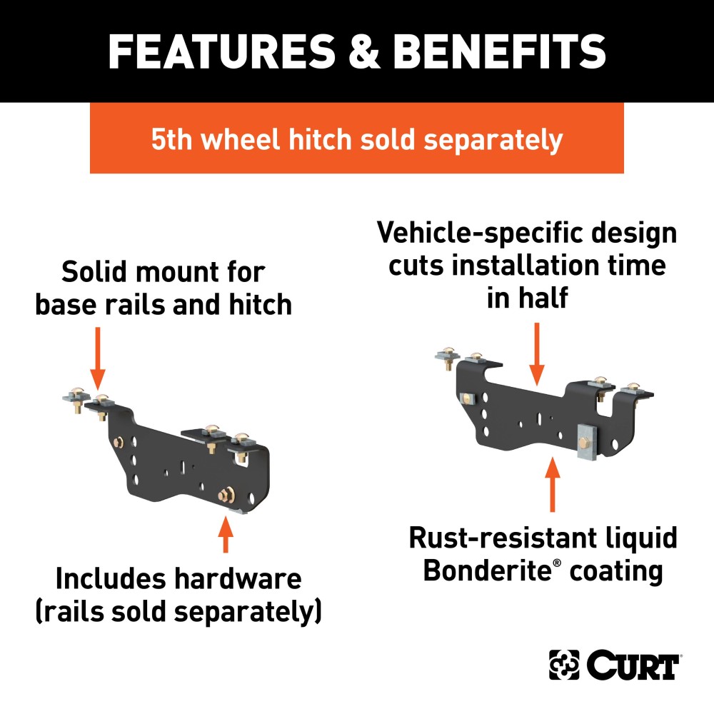 16448 - Custom 5th Wheel Brackets, Select Ford F-250, F-350, F-450 Super Duty Curt 25K Gooseneck Trailer Hitch Bent Plate System for Ford F250, F350, F450