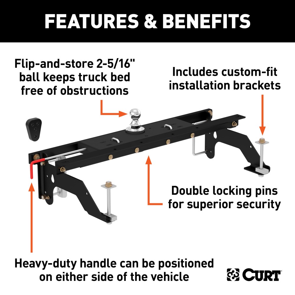 60733 - Double Lock Gooseneck Hitch Kit with Brackets, Select Dodge Ram 1500 Curt Q20 5th Wheel Hitch for 2002-2008 Dodge Ram 1500, 20K capacity