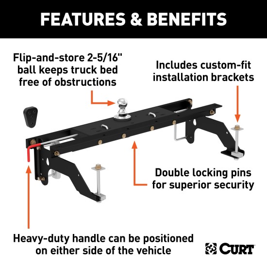 60733 - Double Lock Gooseneck Hitch Kit with Brackets, Select Dodge Ram 1500 Curt Q20 5th Wheel Hitch for 2002-2008 Dodge Ram 1500, 20K capacity
