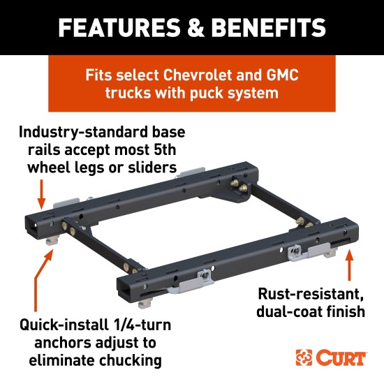 16050 - Puck System 5th Wheel Rails, Select Chevy Silverado, GMC Sierra 2500 HD, 3500 HD Curt Q24 5th Wheel Trailer Hitch for 2016-2019 Chevy Silverado or GMC Sierra with a 24,000 LB towing capacity.