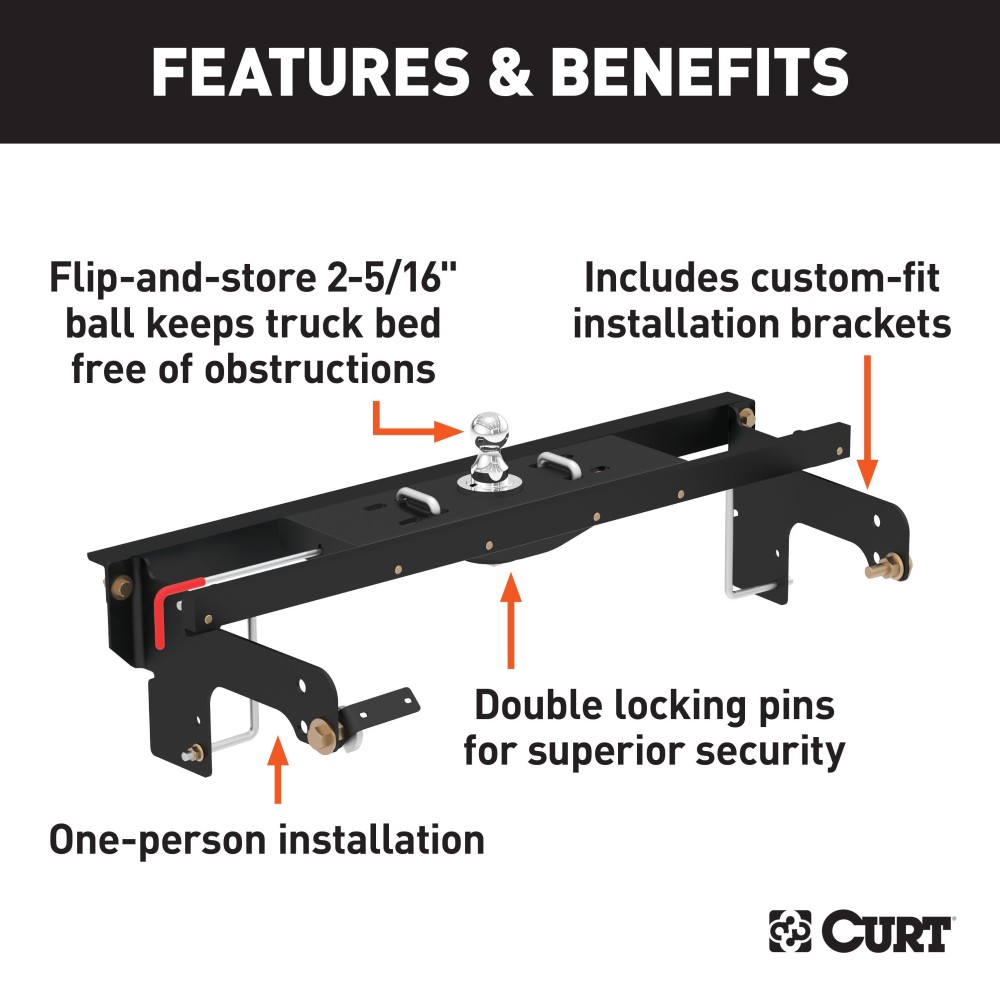 60681 - Double Lock EZr Gooseneck Hitch Kit with Brackets, Select Silverado, Sierra Curt A16 Dual Jaw 5th Wheel Hitch fits Chevy Silverado