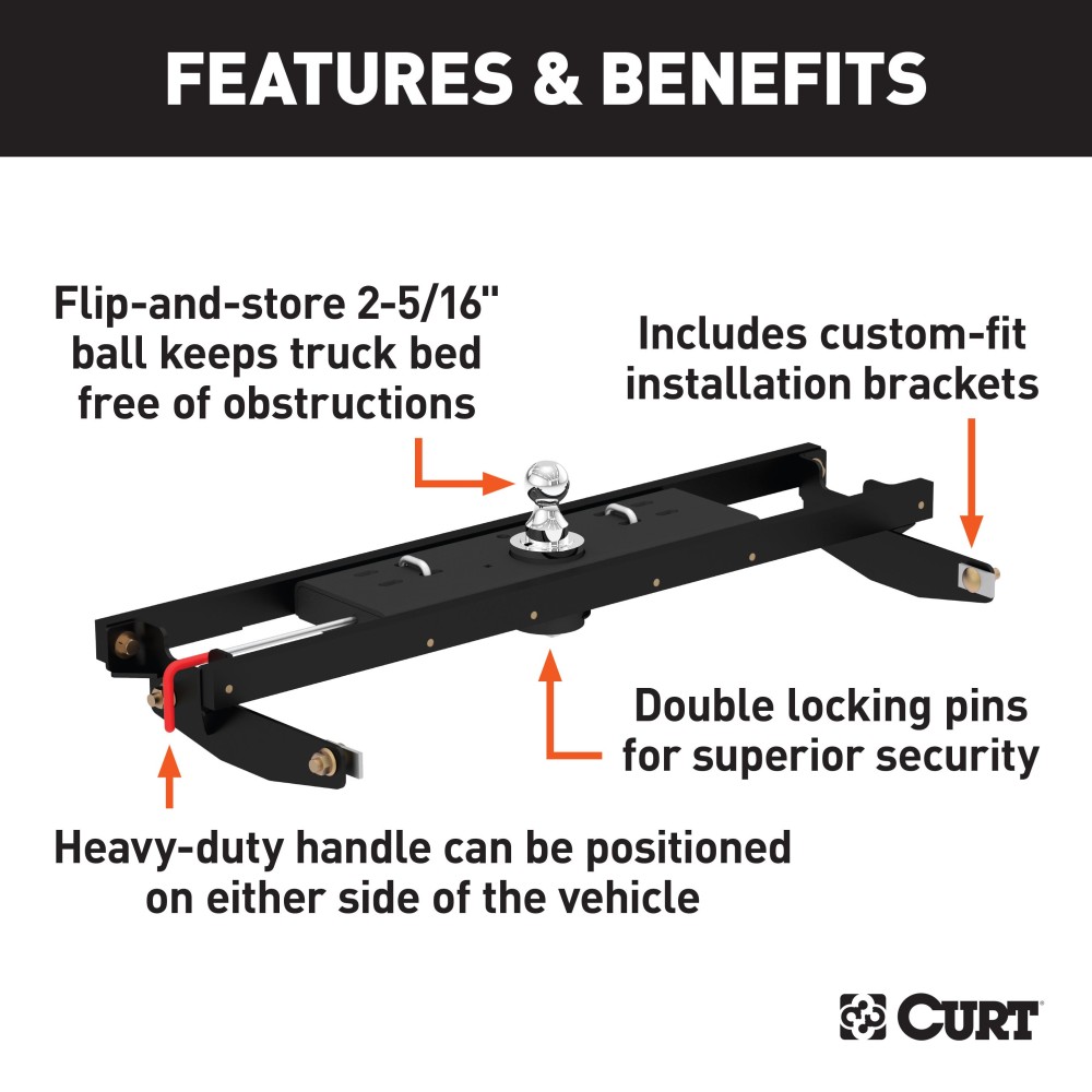 60710 - Double Lock Gooseneck Hitch Kit w/ Brackets, Select Silverado, Sierra 2500, 3500 Curt Q24 Dual Jaw 5th Wheel Hitch for Chevy/GMC 2011-2019