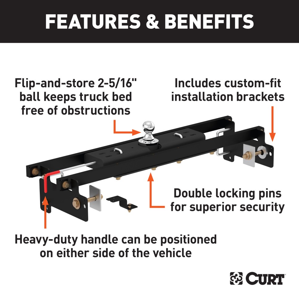 60711 - Double Lock Gooseneck Hitch Kit with Brackets, Select Silverado, Sierra 1500 Curt E16 5th Wheel Hitch for Chevy Silverado 1500, 16K capacity