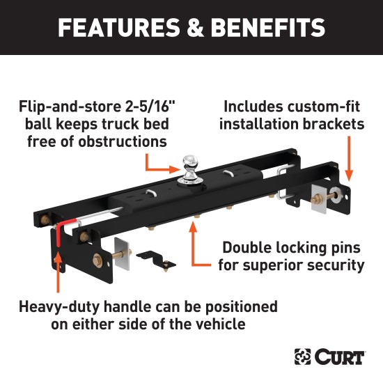 60711 - Double Lock Gooseneck Hitch Kit with Brackets, Select Silverado, Sierra 1500 Curt E16 5th Wheel Hitch for Chevy Silverado 1500, 16K capacity