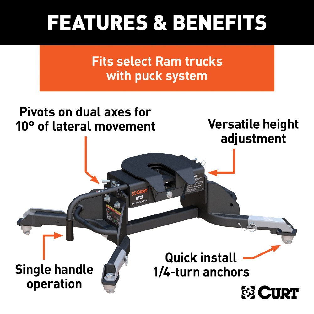 16041 - E16 5th Wheel Hitch, Select Ram 2500, 3500, 8' Bed Puck System Curt E16 5th Wheel Hitch, fits 2014-2025 Ram 2500, 3500 with 8' bed