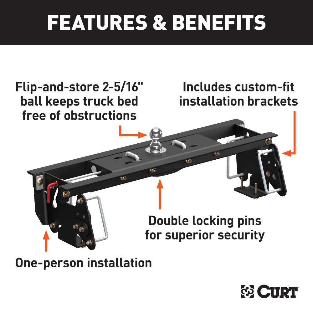 60682 - Double Lock EZr Gooseneck Hitch Kit with Brackets, Select Dodge, Ram 2500, 3500 Curt E16 5th Wheel Hitch for Dodge Ram Short Beds, 16K Capacity