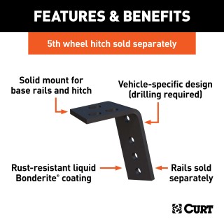 16303 - Semi-Custom 5th Wheel Brackets, Select Dodge Ram 1500 Curt A25 Dual Jaw Sliding 5th Wheel Trailer Hitch for Short Beds