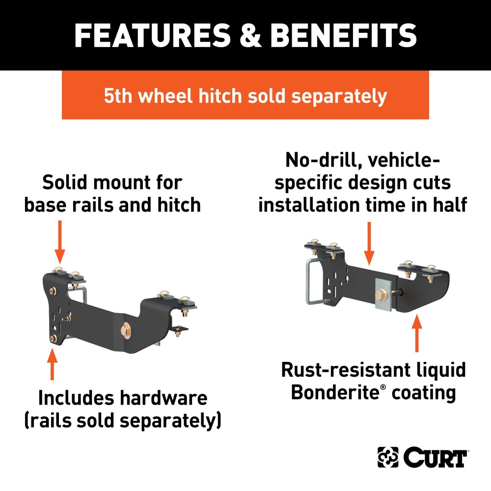 16400 - Custom 5th Wheel Brackets, Select Chevrolet Silverado, GMC Sierra 1500 Curt Spyder Gooseneck Trailer Hitch for Silverado, carbide black finish.