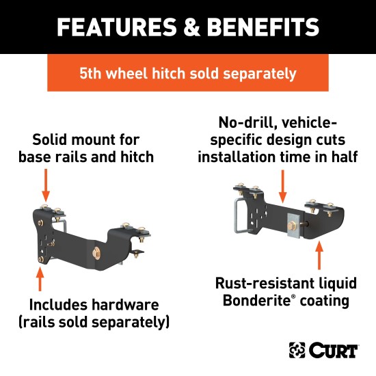 16400 - Custom 5th Wheel Brackets, Select Chevrolet Silverado, GMC Sierra 1500 Curt Spyder Gooseneck Trailer Hitch for Silverado, carbide black finish.