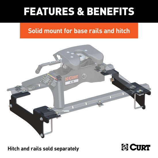 16429 - Custom 5th Wheel Brackets, Select Chevrolet Silverado, GMC Sierra 2500, 3500 HD Curt 40K Tiridium Base Rail Kit with Quick Connect Brackets