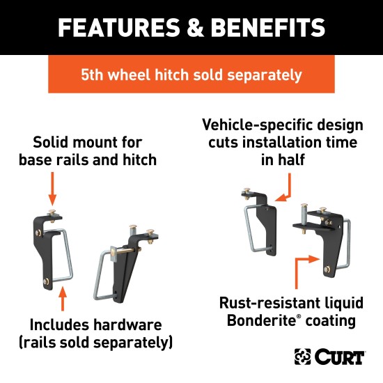 16430 - Custom 5th Wheel Brackets, Select Ram 2500, 3500 Curt Q20 5th Wheel Trailer Hitch, 20,000 lbs Towing Capacity