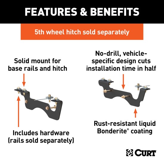 16431 - Custom 5th Wheel Brackets, Select Ford F-250, F-350, F-450 Super Duty Curt A25 Fifth Wheel Trailer Hitch for Ford F250-F450, 25K Towing