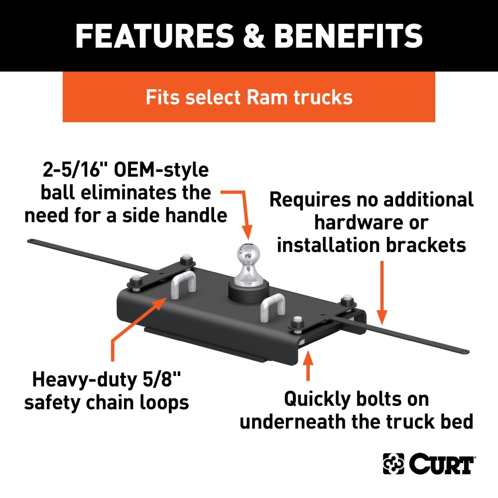 60614 - OEM-Style Gooseneck Hitch, Select Ram 2500 Curt 30K Gooseneck Hitch with installation kit for Ram 2500 3500