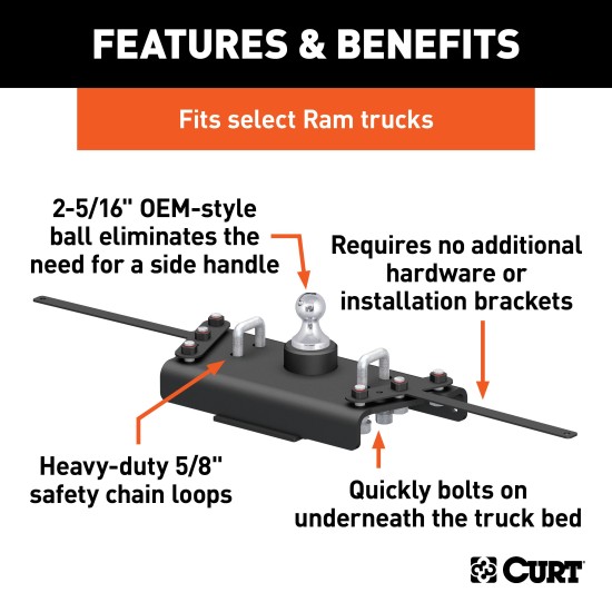 60626 - OEM-Style Gooseneck Hitch, Select Ram 3500 Curt OEM Style 30K Underbed Gooseneck Hitch for 2013-2018 Ram