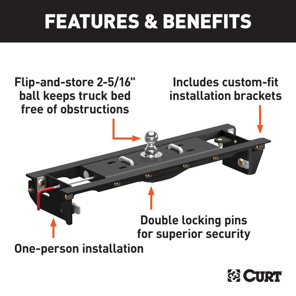 60683 - Double Lock EZr Gooseneck Hitch Kit with Brackets, Select Ford F-250, F-350 Curt E16 Slide Bar Jaw 5th Wheel Hitch for Ford F250 F350, 16K lbs
